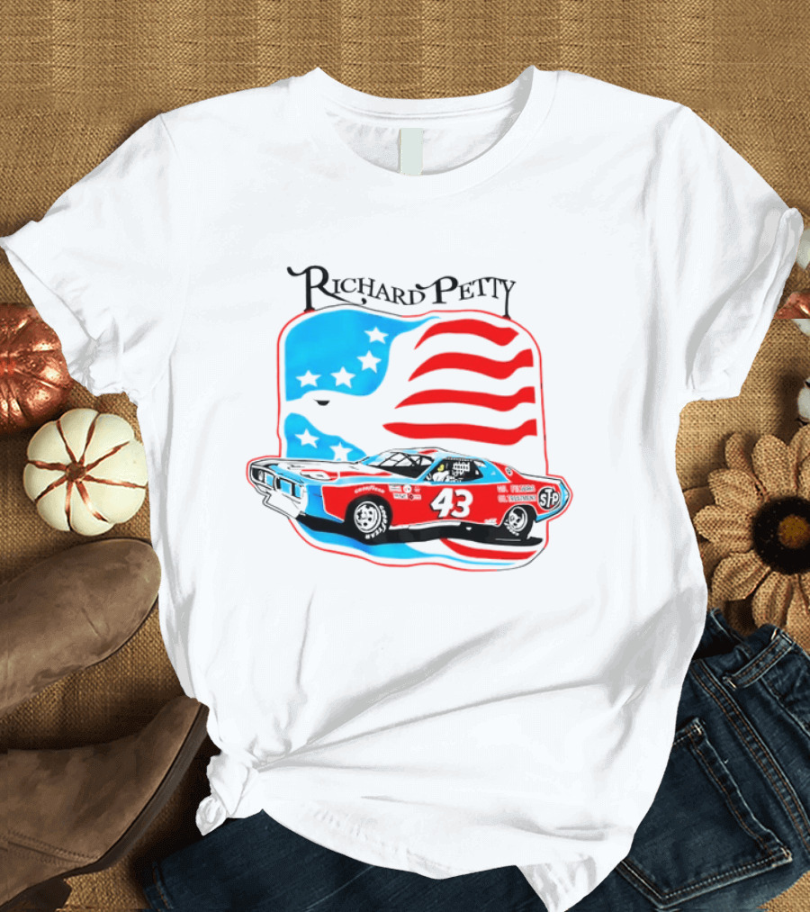 Richard Petty NASCAR Racing Car 43 STP American Flag T-Shirt