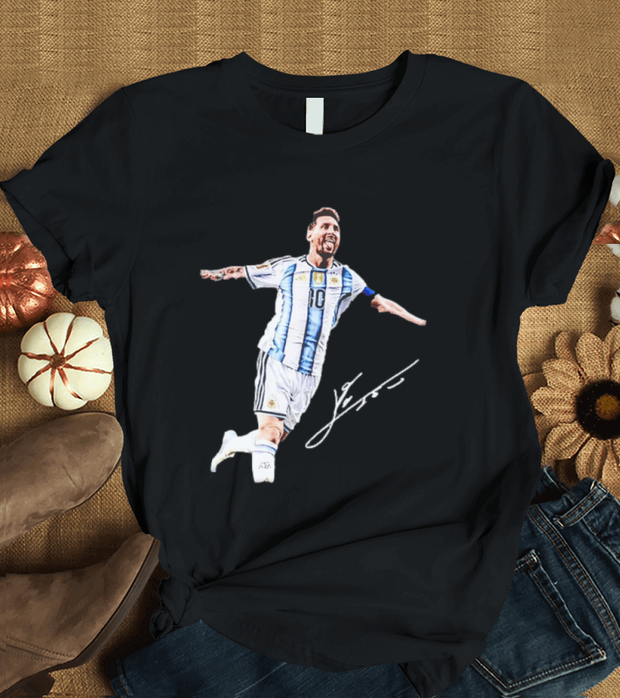 Lionel Messi 10 Argentina Jersey Signature Soccer Legend Celebration T-Shirt