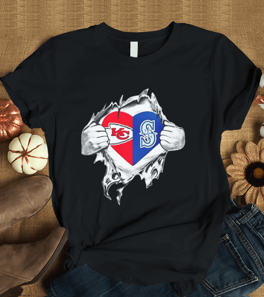 Kansas City Chiefs Seattle Mariners Ripped Heart T-Shirt