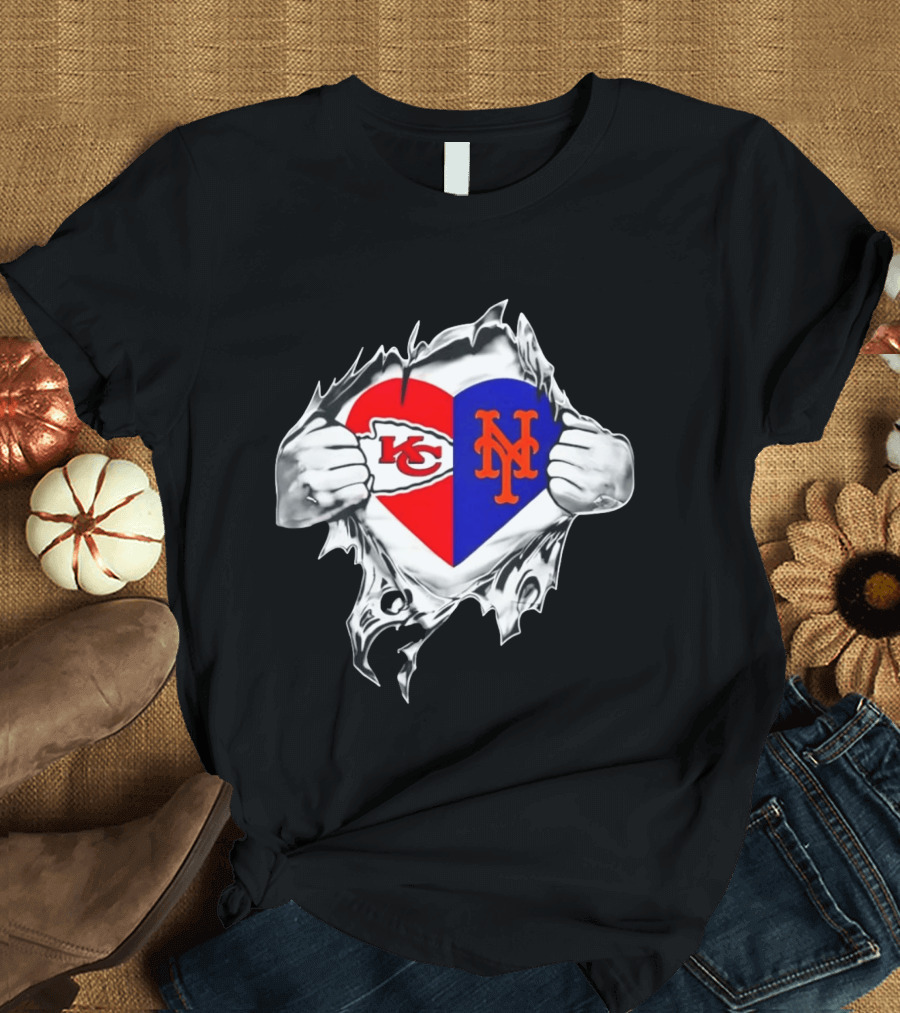 Kansas City Chiefs New York Mets Heart Torn Chest Combo T-Shirt