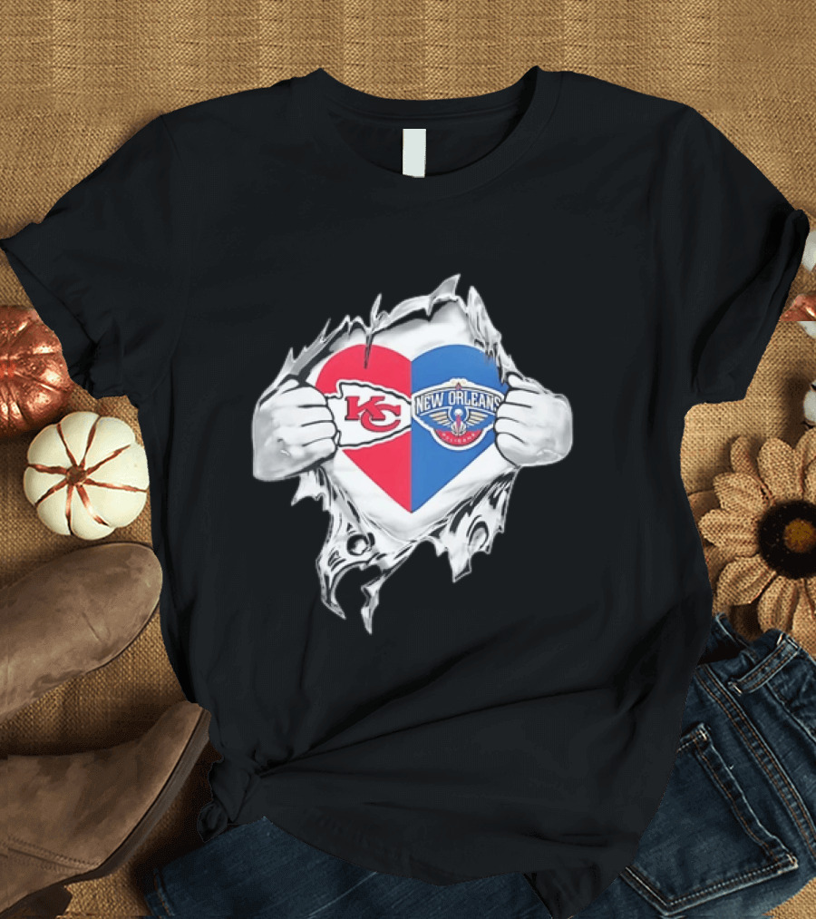 Kansas City Chiefs New Orleans Pelicans Heart Ripped Open T-Shirt