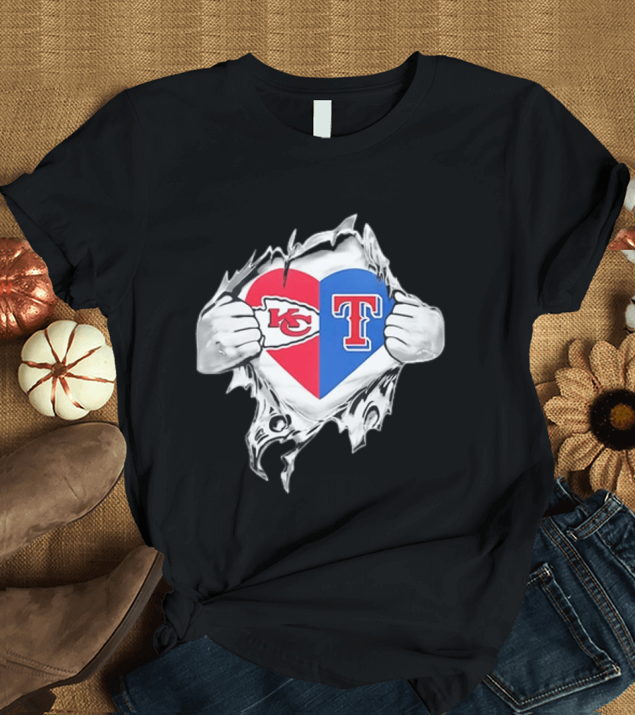 Kansas City Chiefs Texas Rangers Heart Rip Open T-Shirt