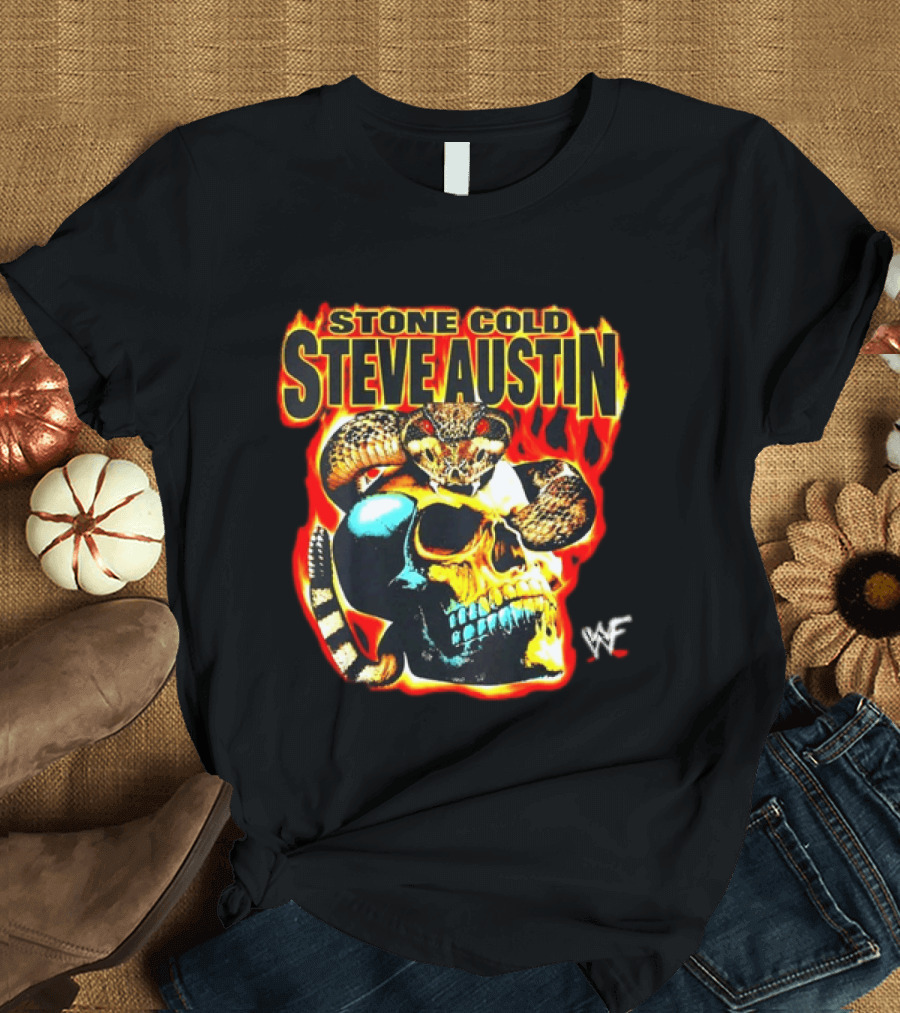 Stone Cold Steve Austin Flaming Skull Snake WWF T-Shirt
