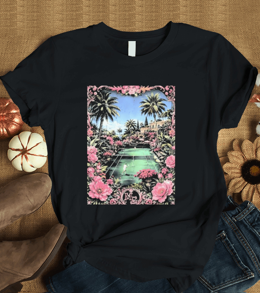 Tennis Players On Mansion Court MS Initials With Pink Floral Frame T-Shirt
