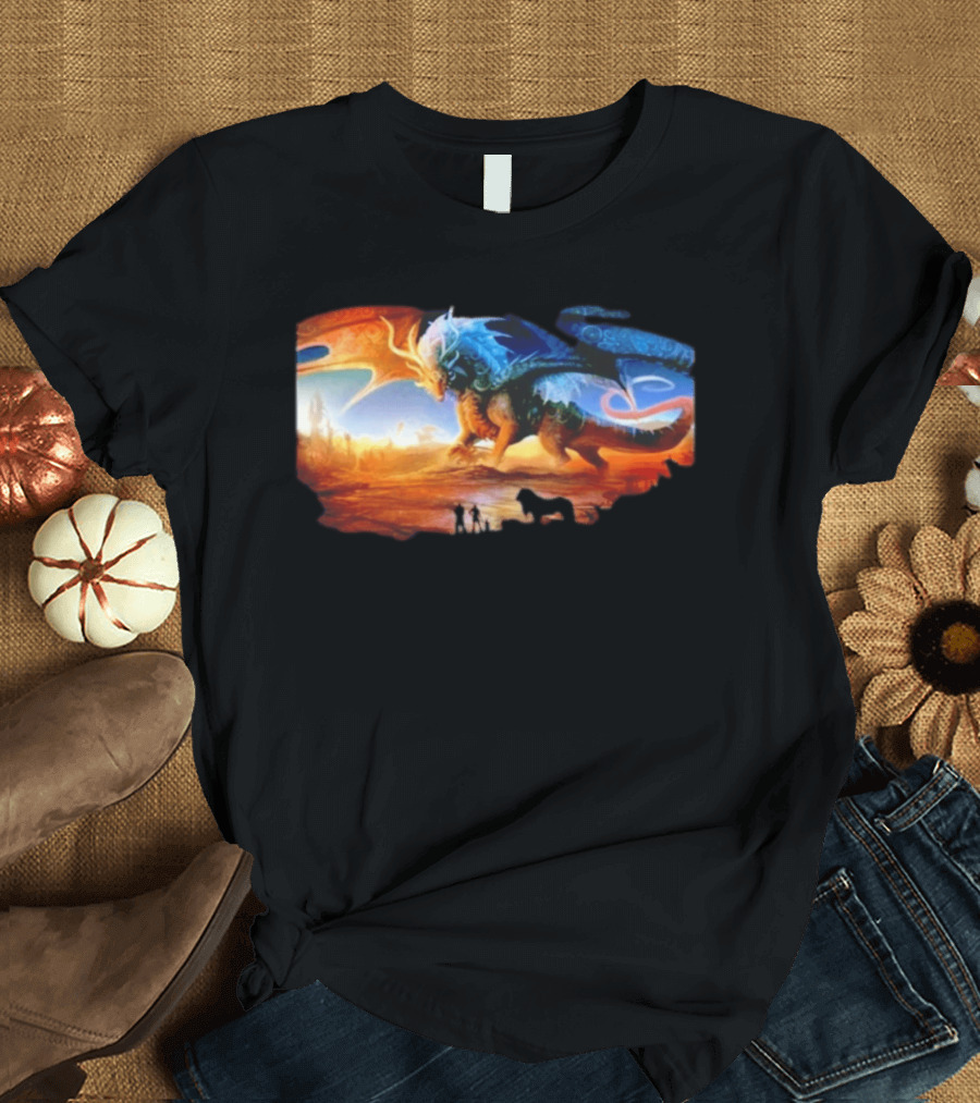 Giant Dragon In Radiant Golden Light With Blue And Orange Wings T-Shirt