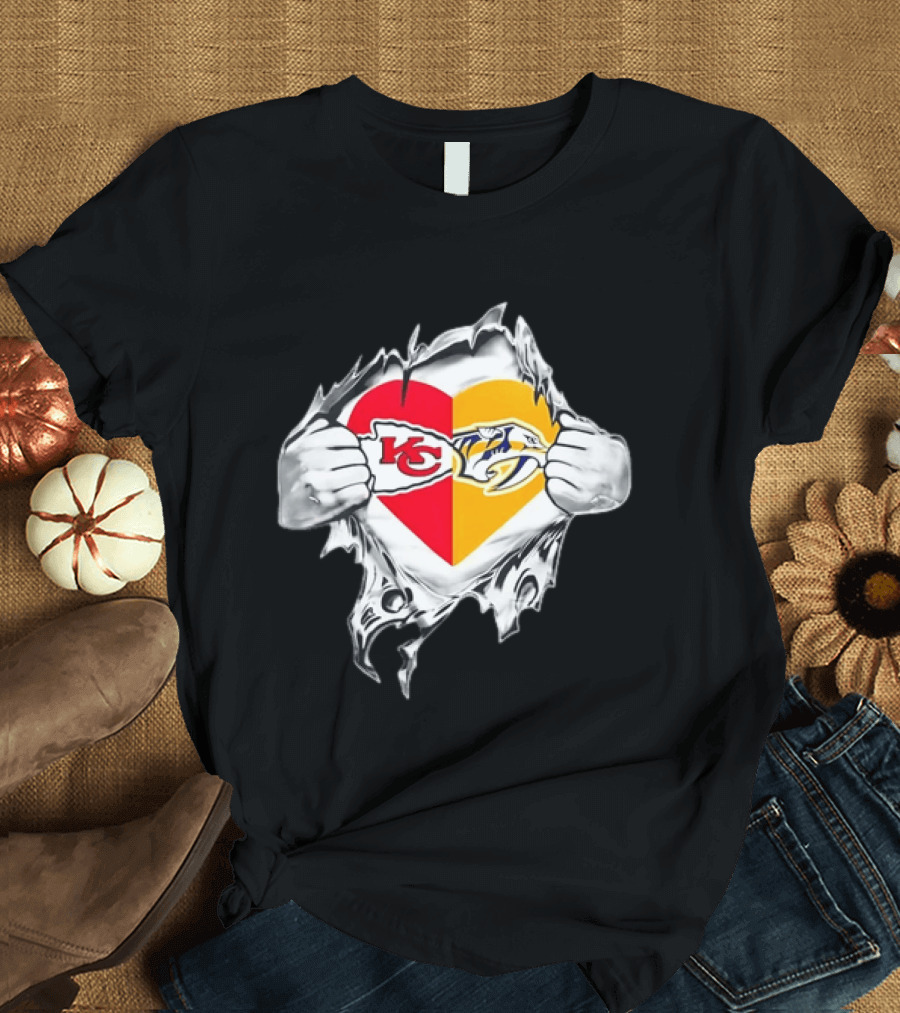 Kansas City Chiefs Nashville Predators Heart Ripping Open T-Shirt
