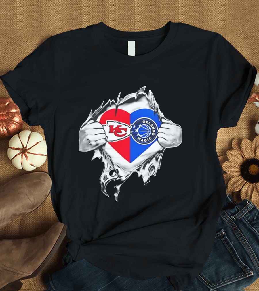 Kansas City Chiefs And Orlando Magic Heart Tear Open T-Shirt
