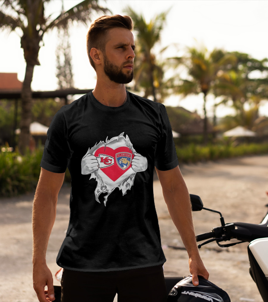 KC Chiefs Florida Panthers Heart Ripped Chest Kansas City NFL Florida NHL Fans T-Shirt