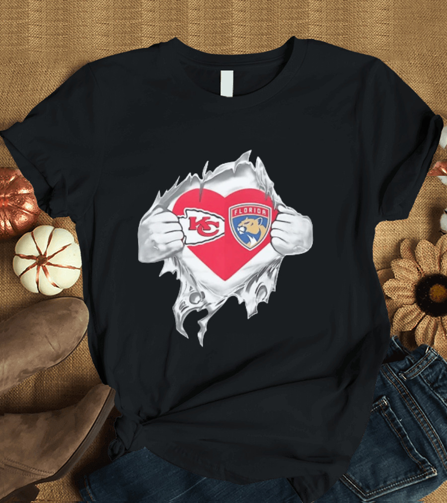 KC Chiefs Florida Panthers Heart Ripped Chest Kansas City NFL Florida NHL Fans T-Shirt