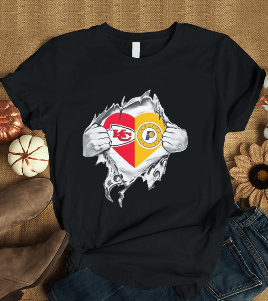 Kansas City Chiefs Indiana Pacers Heart Torn Open T-Shirt