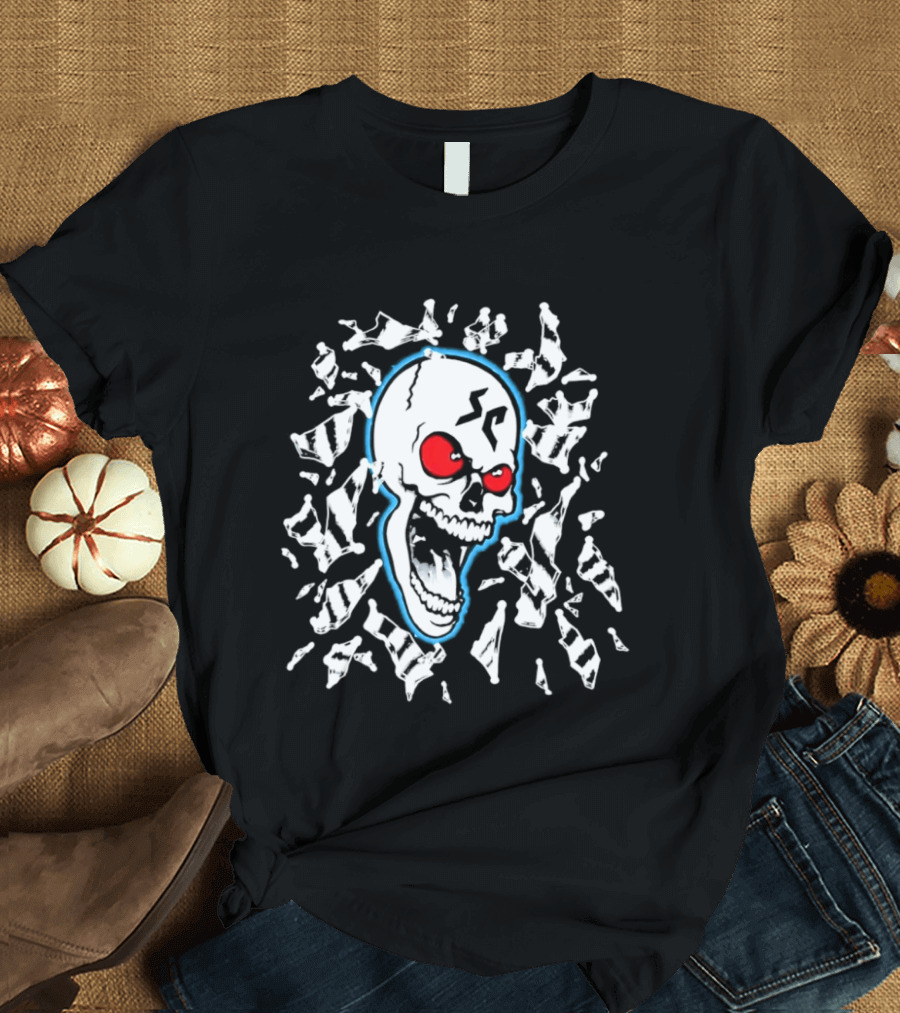 SC Skull Breaking Glass Explosive Red Eyes Fractured Blue T-Shirt
