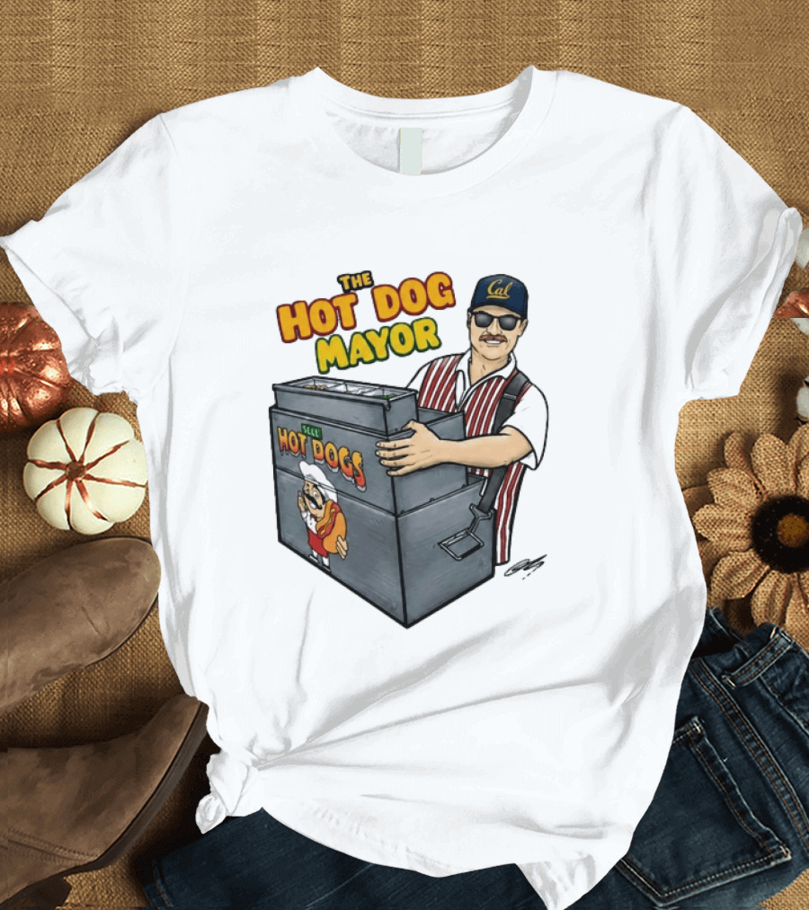 The Hot Dog Mayor Vendor With Cal Hat And Hot Dogs Cart T-Shirt