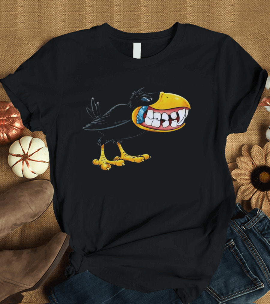 Crow With Huge Teeth Cartoon Blue Phone Green T-Shirt