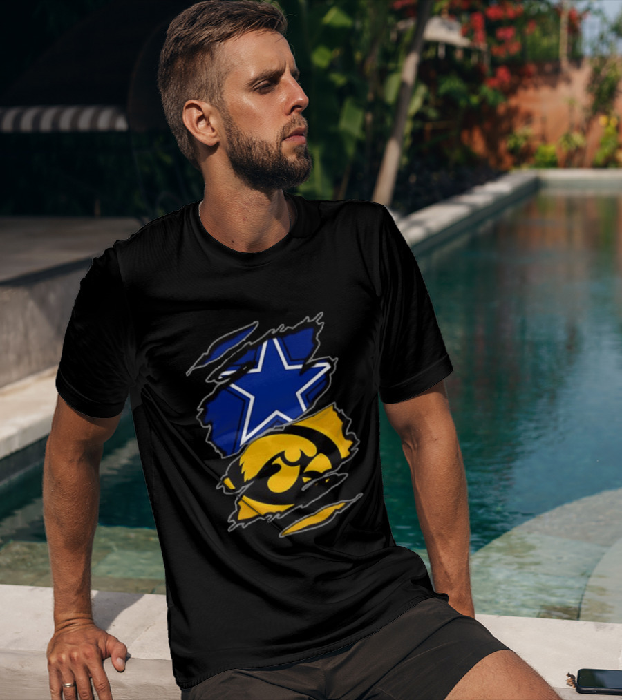 Dallas Cowboys Star And Iowa Hawkeyes Ripped Logo Sports Fan Gear T-Shirt