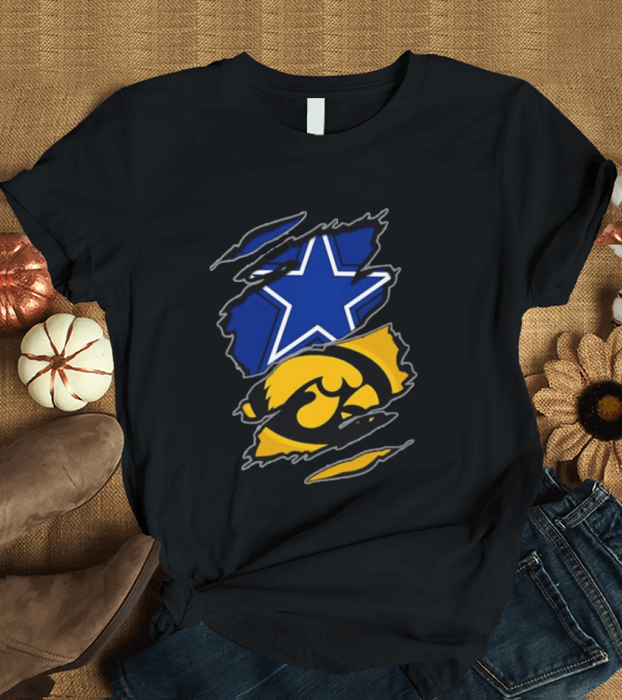 Dallas Cowboys Star And Iowa Hawkeyes Ripped Logo Sports Fan Gear T-Shirt