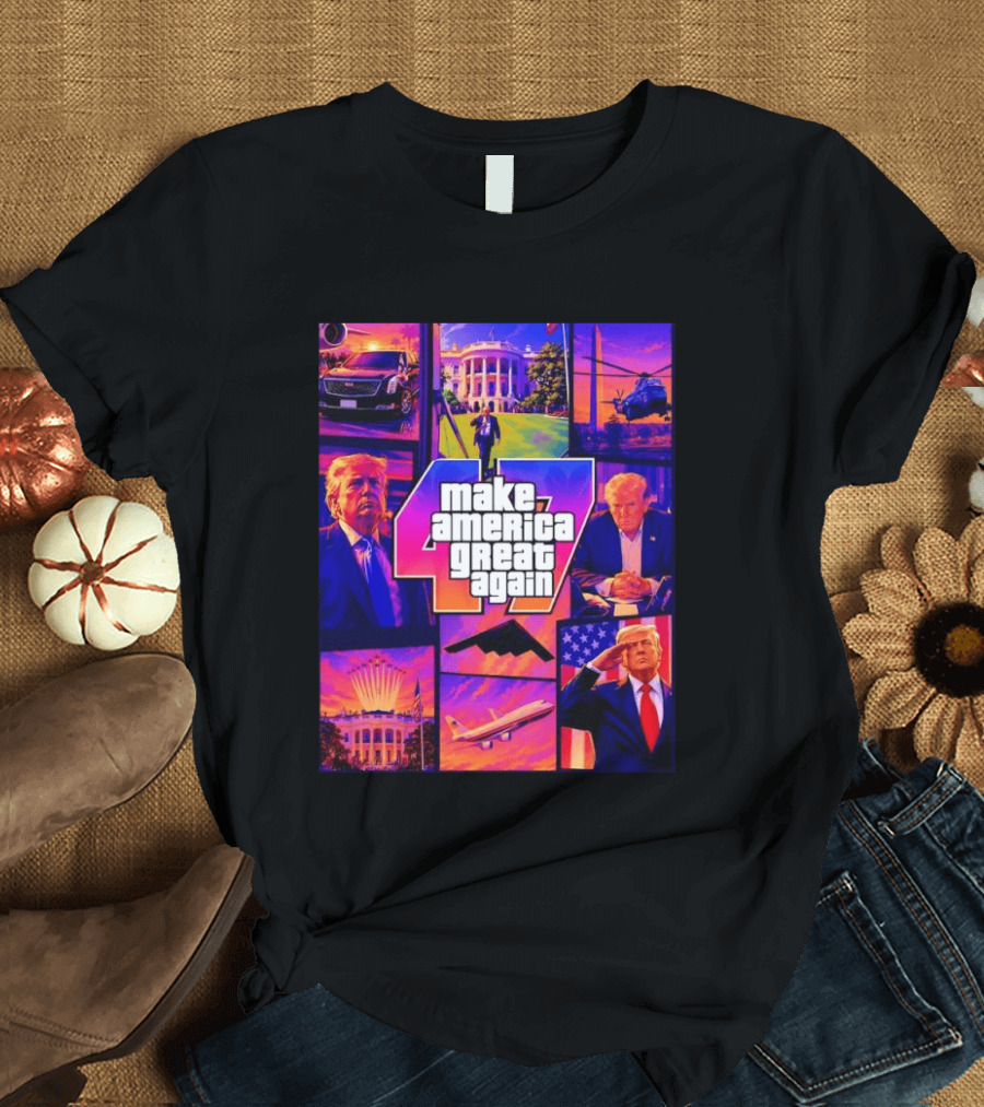 Make America Great Again GTA 47 Parody Trump White House Military Aircraft Montage T-Shirt