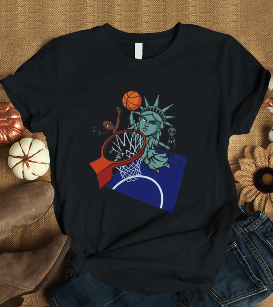 Statue Of Liberty Basketball Dunk With Alien And Athlete Joe Maracic T-Shirt
