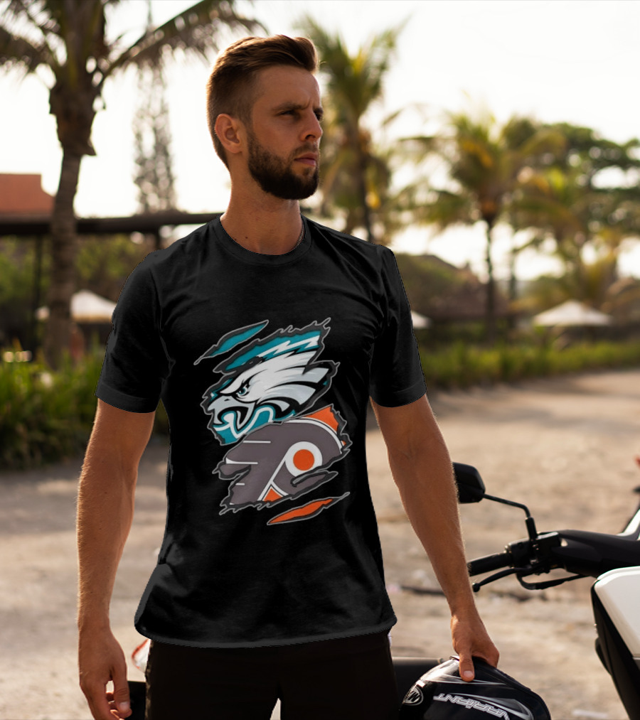 Philadelphia Eagles And Philadelphia Flyers Ripped Tear Sports Team T-Shirt