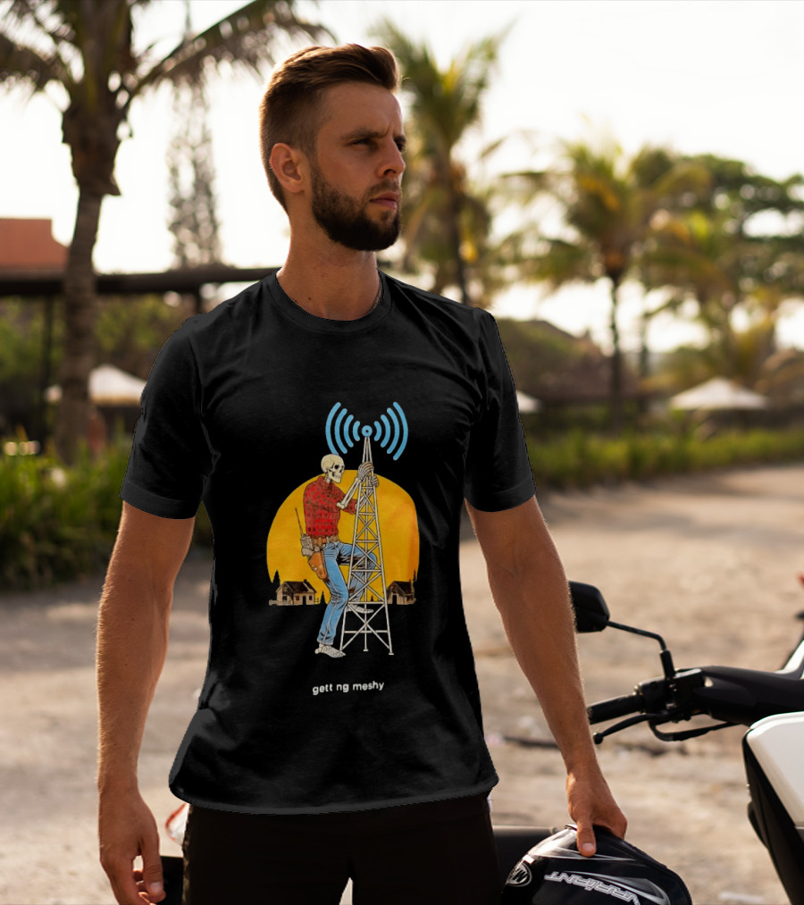 Skeleton Climbing Tower With Radio Waves Retro Scene T-Shirt