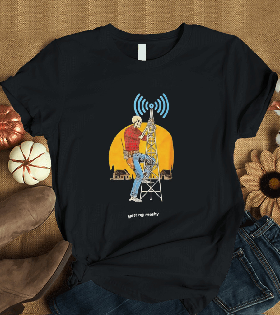 Skeleton Climbing Tower With Radio Waves Retro Scene T-Shirt