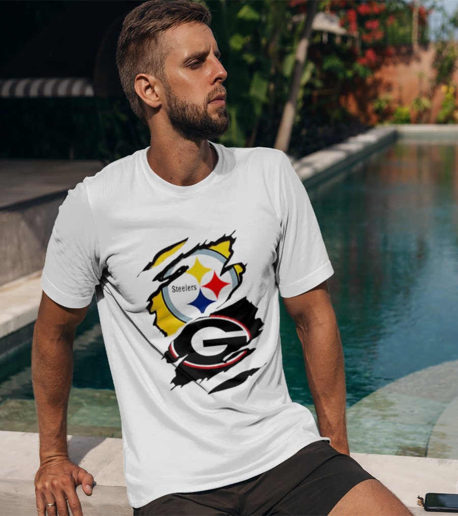Pittsburgh Steelers Georgia Bulldogs NCAA Football Ripped Torn Effect T-Shirt