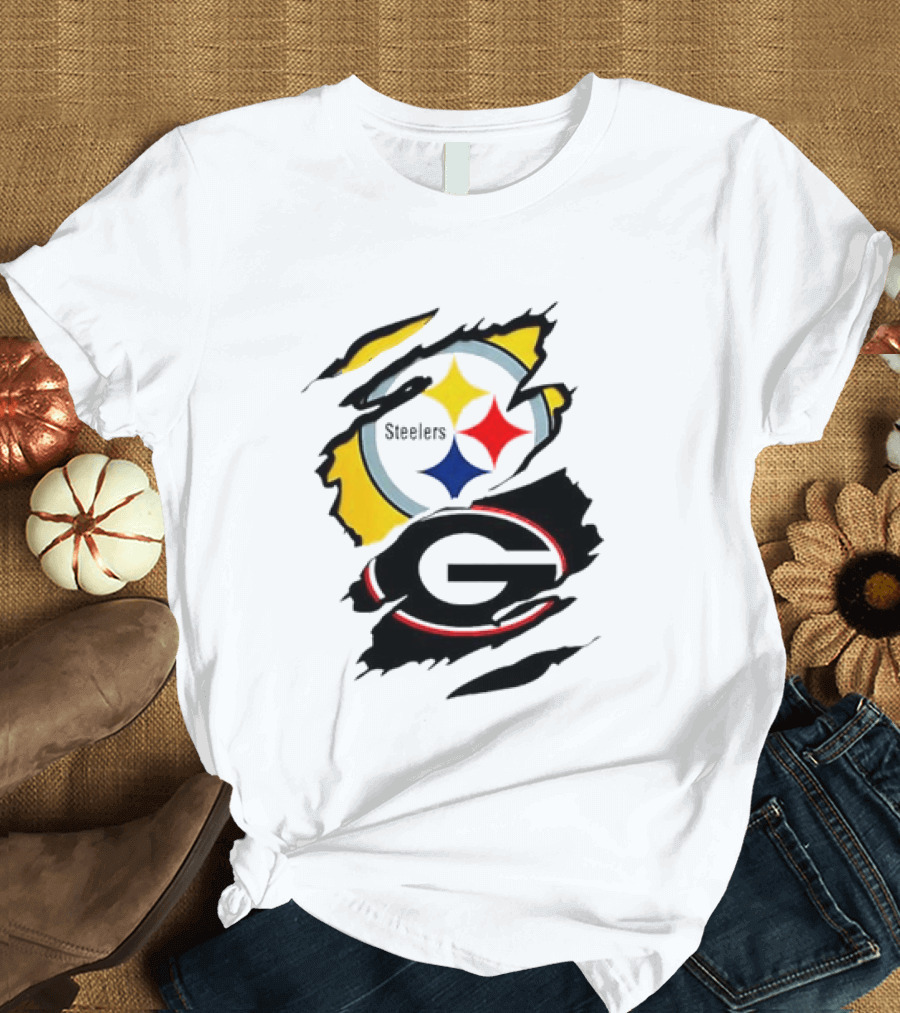 Pittsburgh Steelers Georgia Bulldogs NCAA Football Ripped Torn Effect T-Shirt