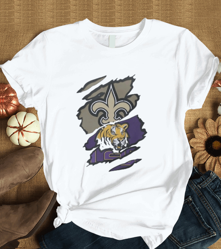 New Orleans Saints LSU Tigers Beneath The Surface Fleur De Lis Tiger Split T-Shirt