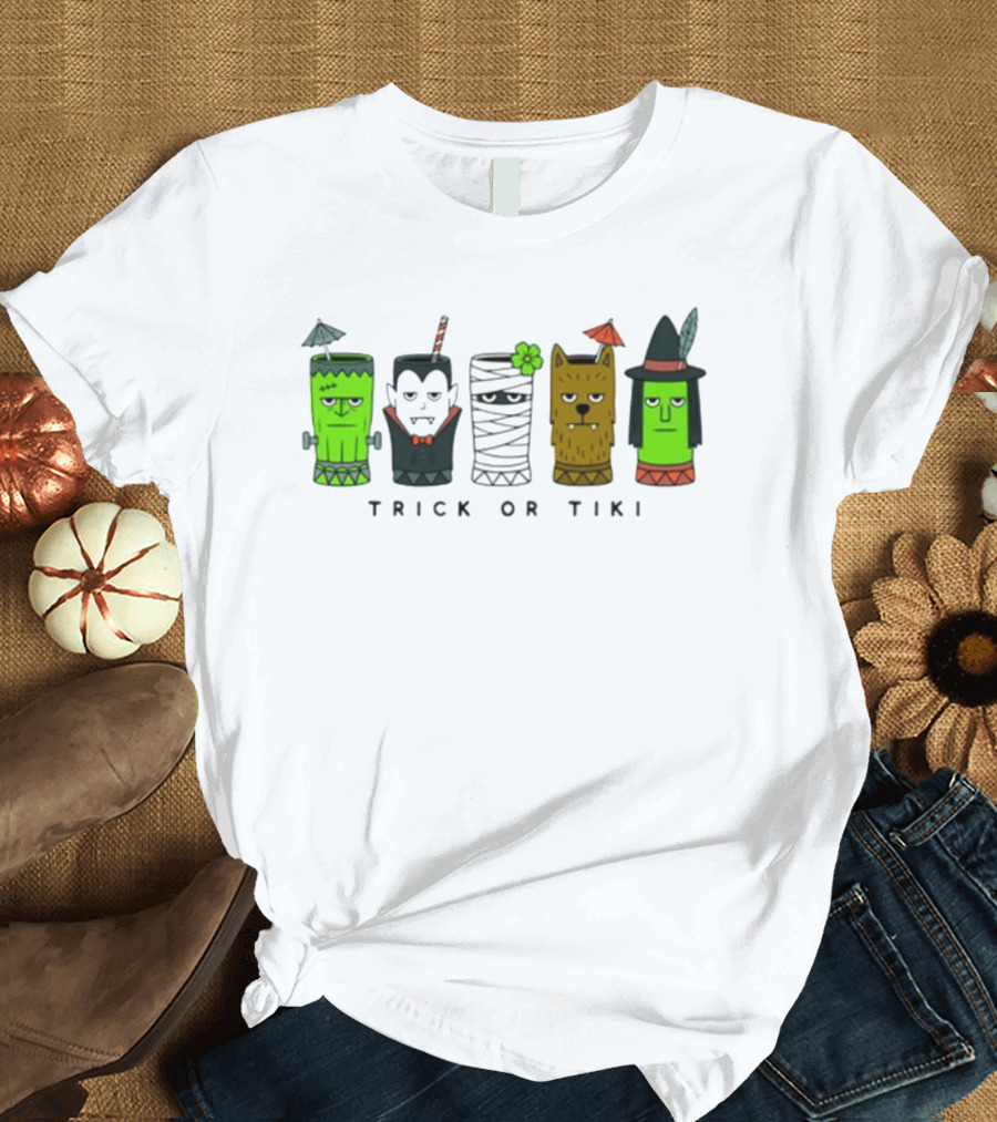 Trick Or Tiki Frankenstein Vampire Mummy Werewolf Witch Halloween T-Shirt