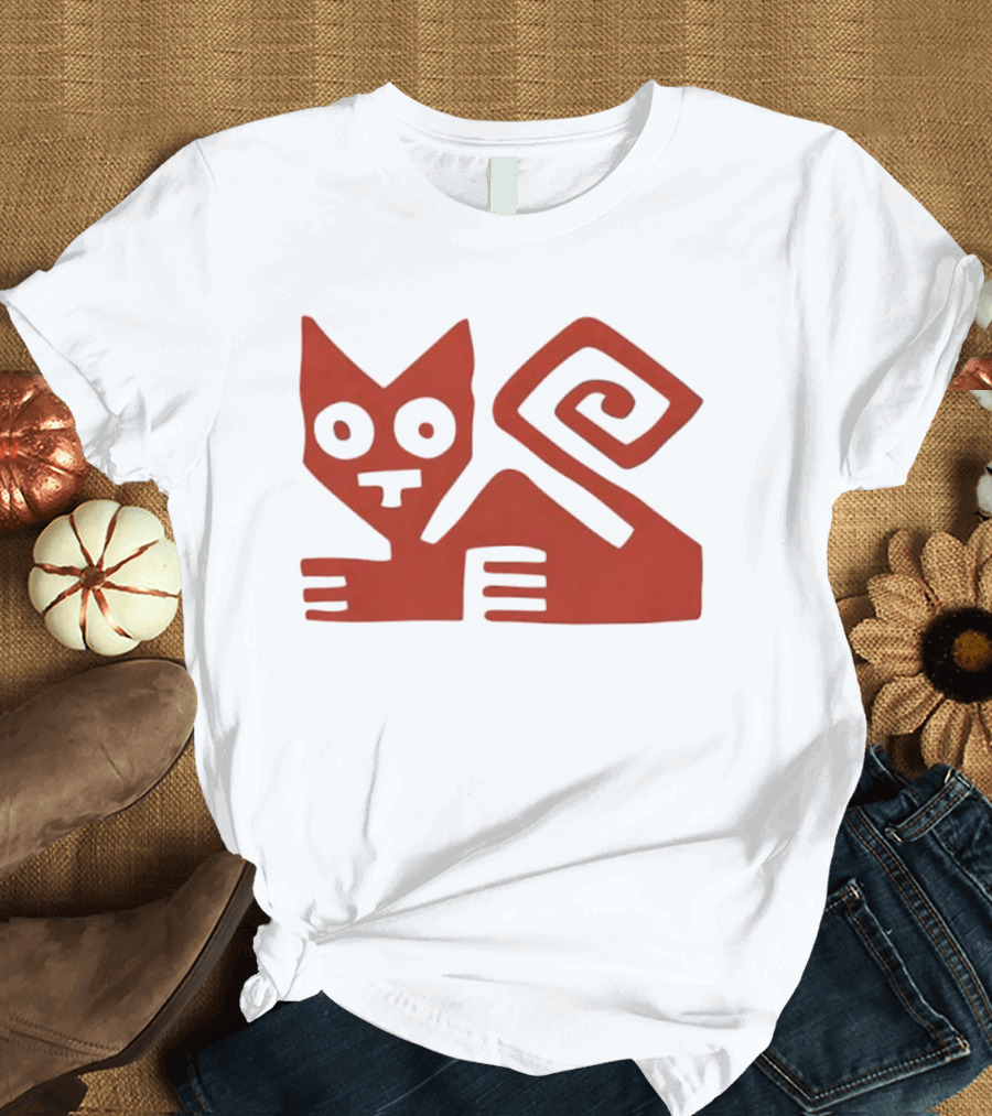 Peruvian Cat Nazca Lines Style Geometric Red T-Shirt