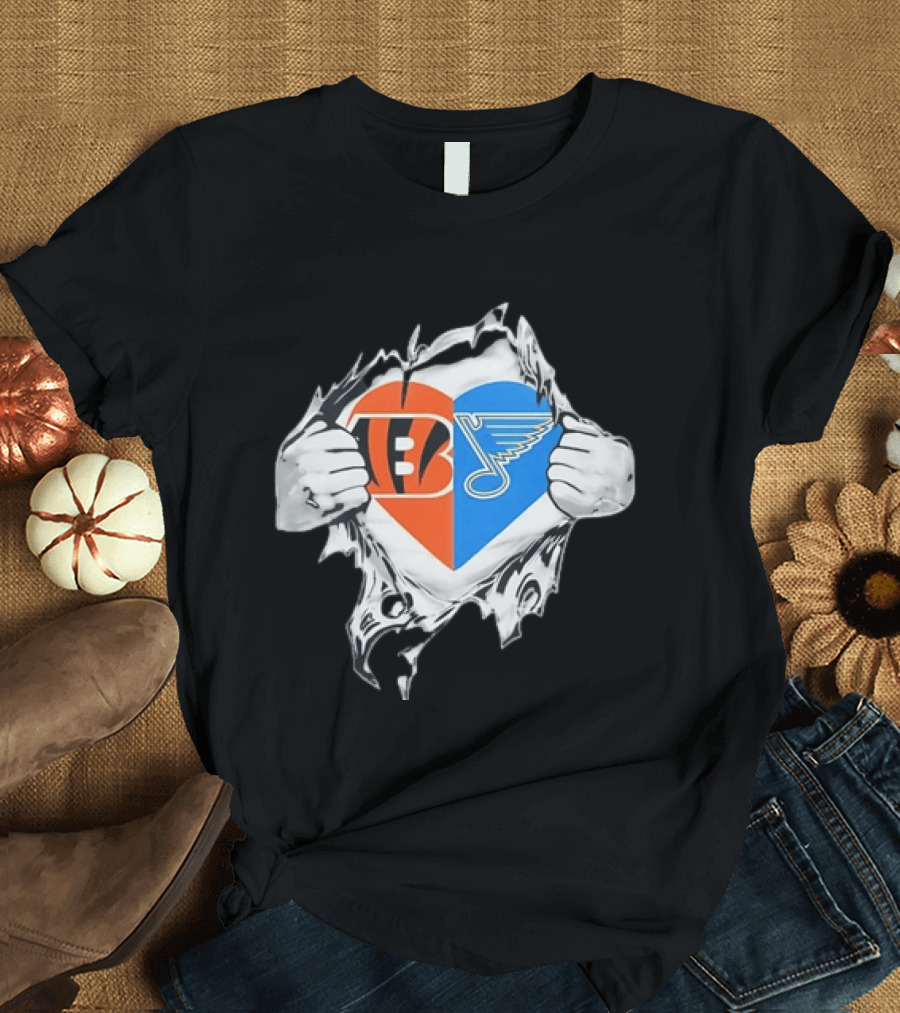 Bengals Blues Tattered Heart Shape Split Symbol With Hands T-Shirt