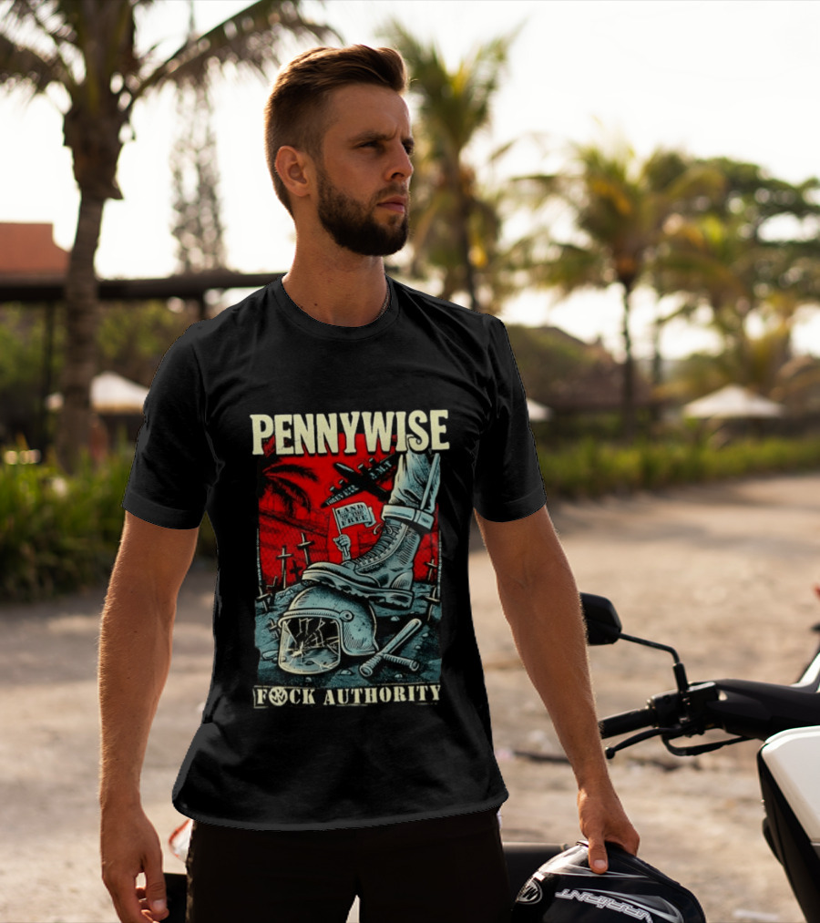 Pennywise Fock Authority Land Of The Free Forever Dystopian Punk Imagery With Boot And Helmet T-Shirt