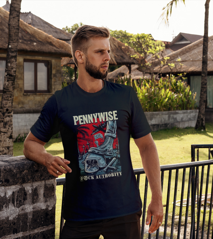 Pennywise Fock Authority Land Of The Free Forever Dystopian Punk Imagery With Boot And Helmet T-Shirt
