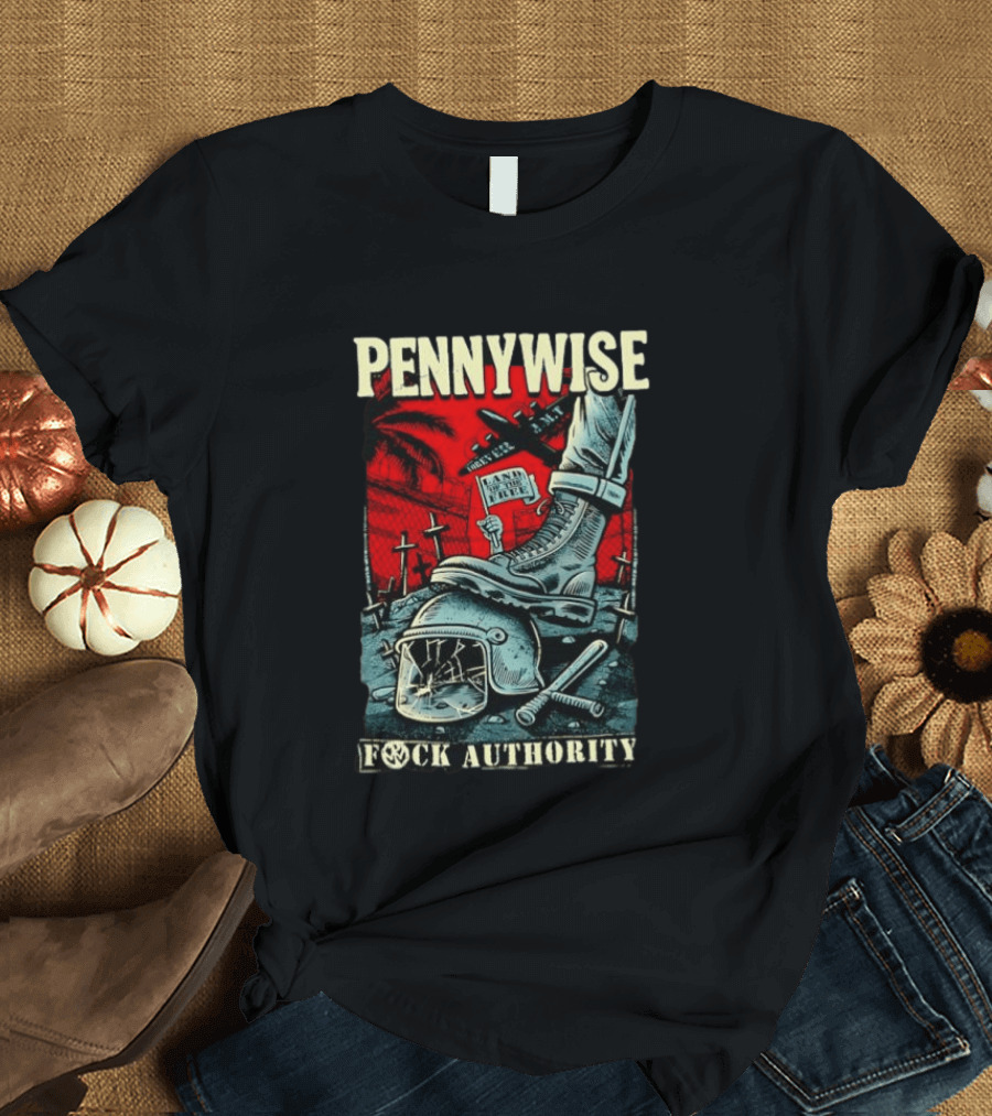 Pennywise Fock Authority Land Of The Free Forever Dystopian Punk Imagery With Boot And Helmet T-Shirt