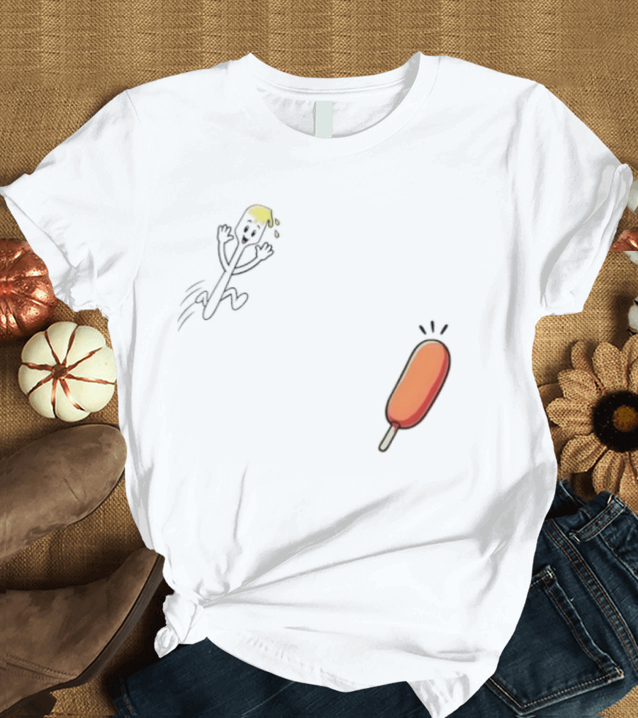 Spork Vs Corn Dog Humorous Food Chase Cartoon T-Shirt