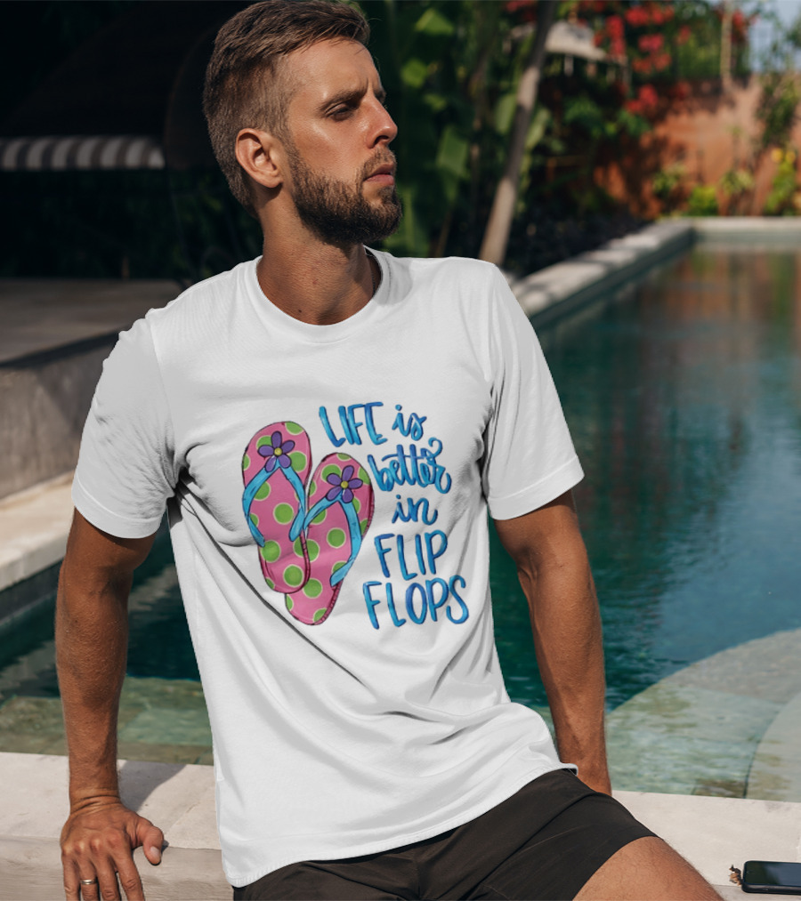 Life Is Better In Flip Flops With Pink Polka Dot And Blue Flower Sandals T-Shirt
