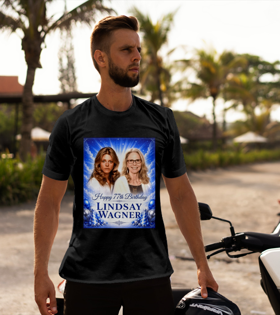 Happy 77th Birthday Celebration Lindsay Wagner Blue Party Balloons T-Shirt