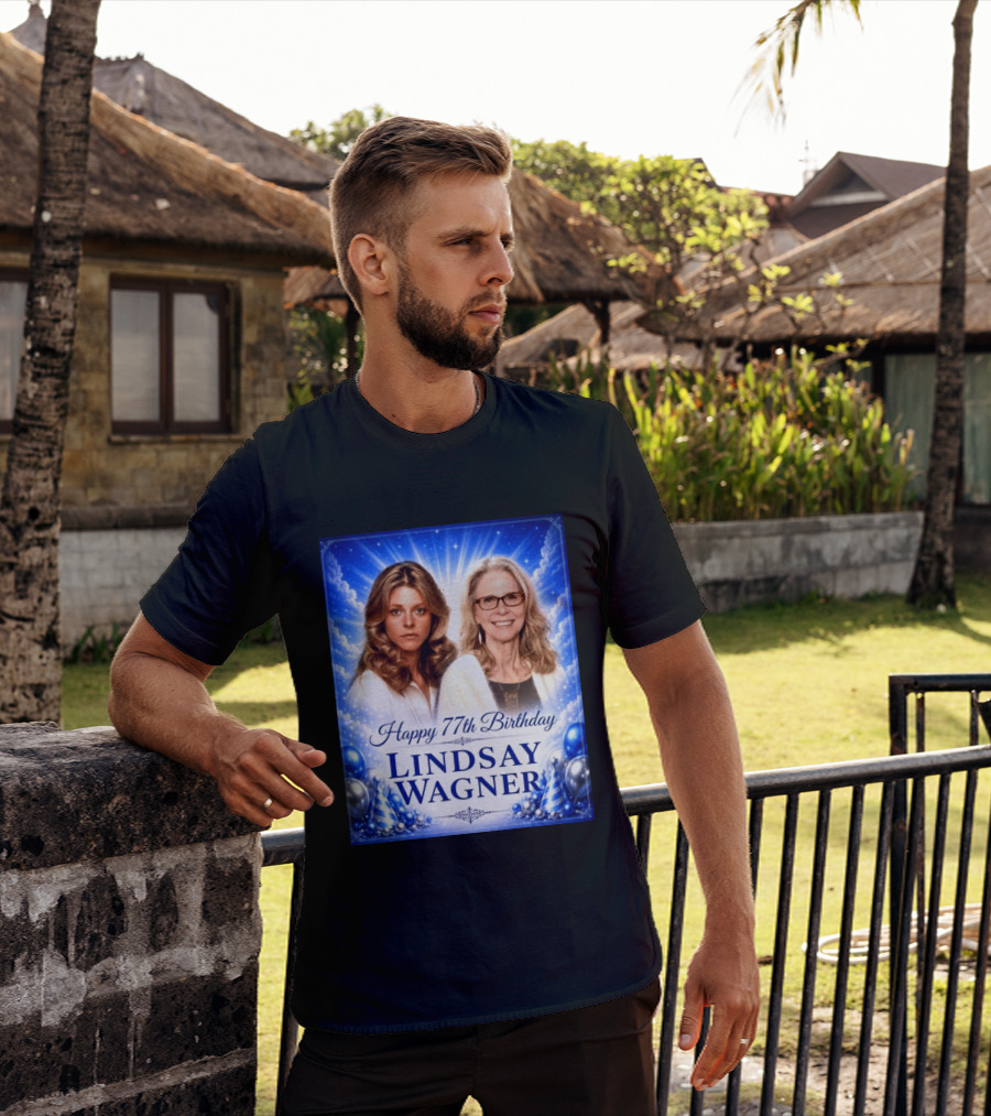 Happy 77th Birthday Celebration Lindsay Wagner Blue Party Balloons T-Shirt