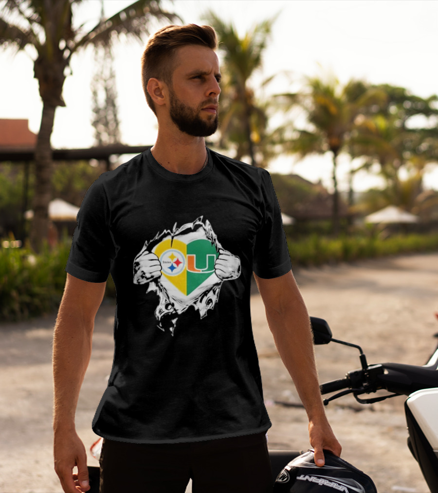 Steelers Miami Hurricanes Heart In My DNA Hands Football Fan Pride T-Shirt