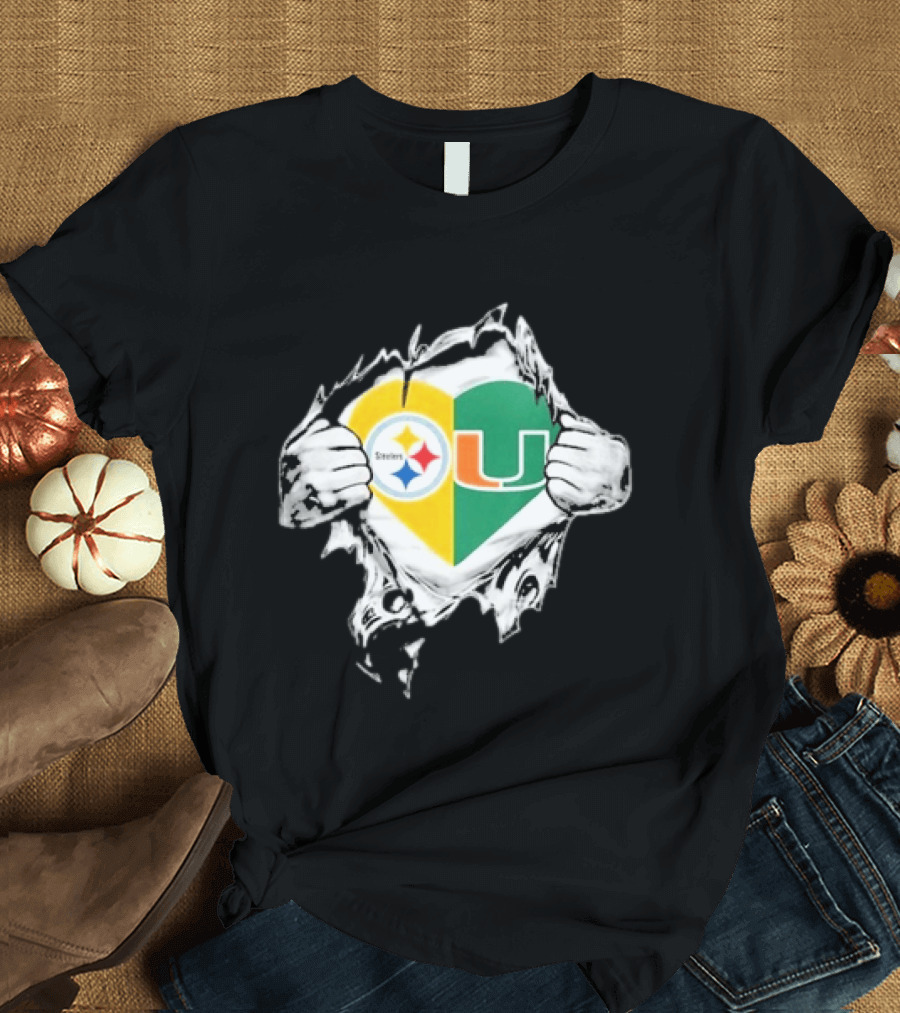Steelers Miami Hurricanes Heart In My DNA Hands Football Fan Pride T-Shirt