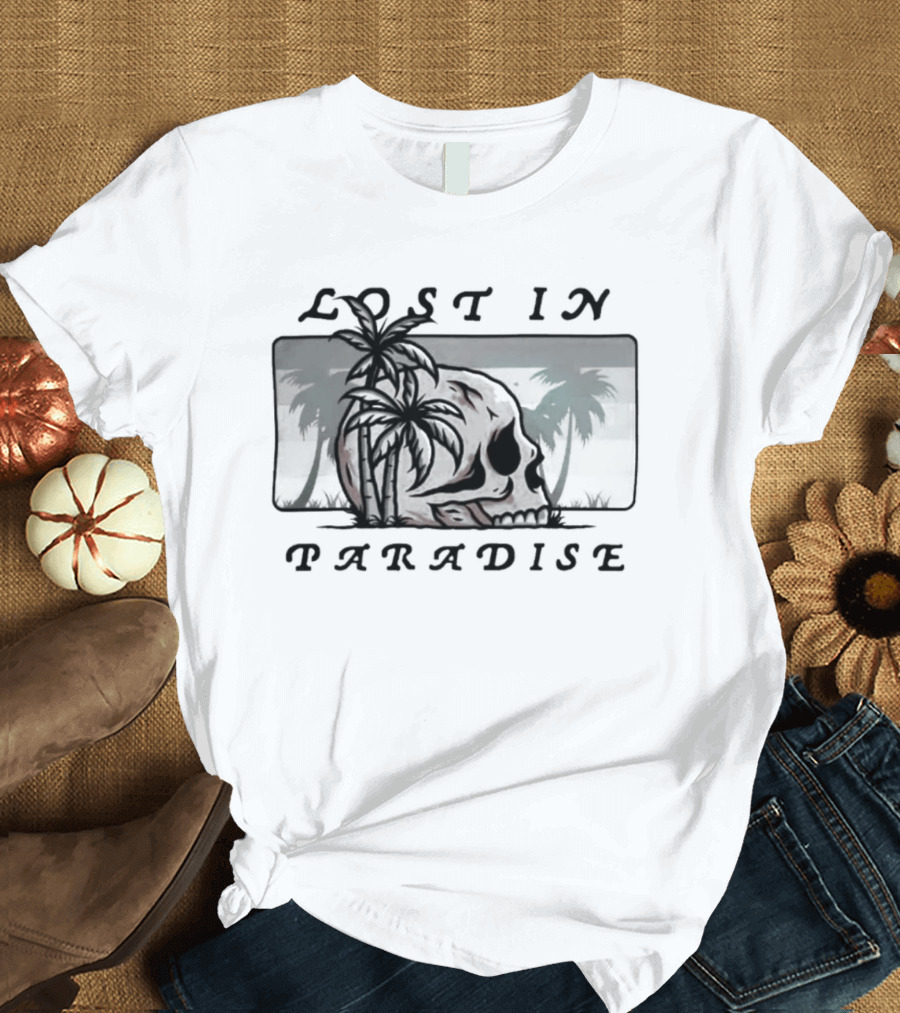 Lost In Paradise Palm Tree Skull And Beach Scene T-Shirt