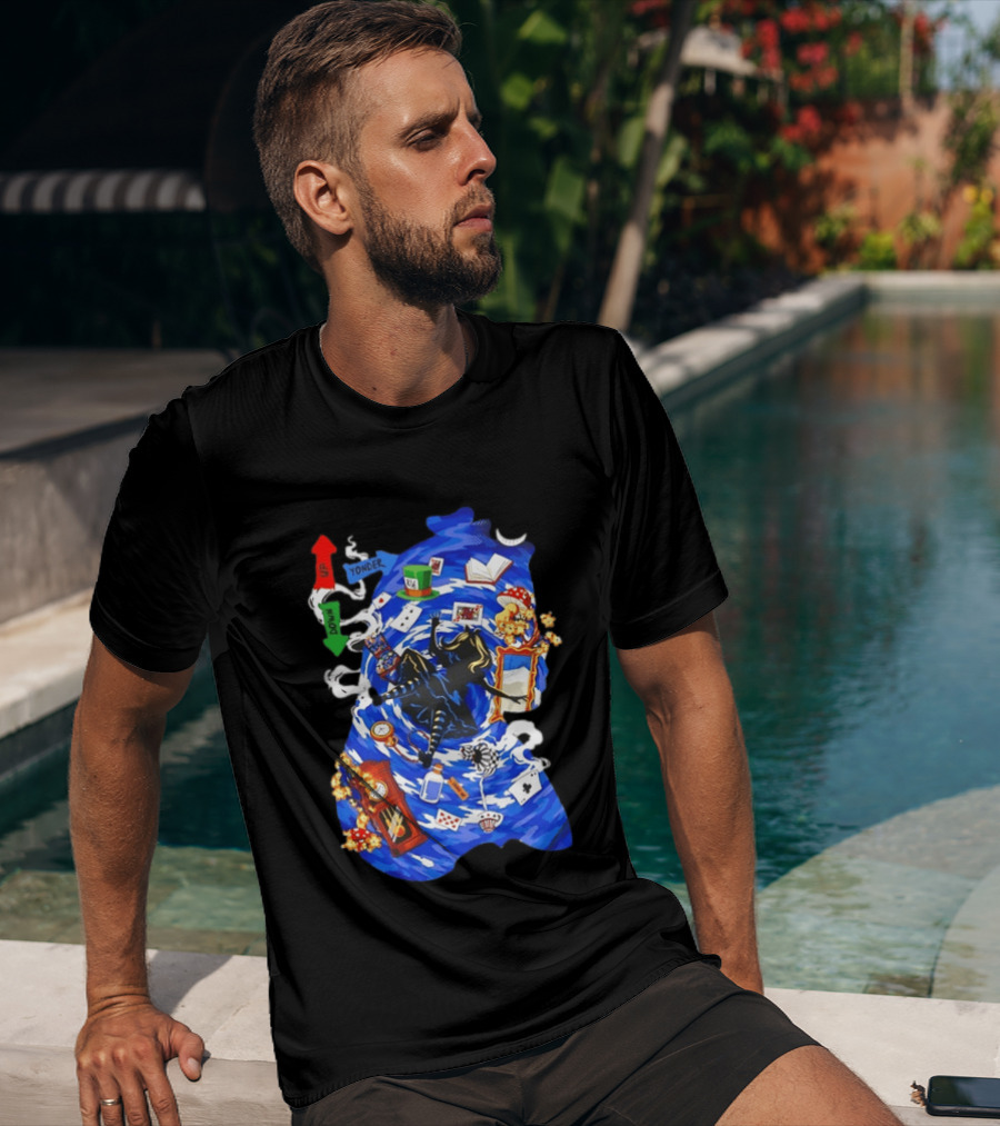 Alice In Wonderland Through The Rabbit Hole Down Yonder With Wonderland Icons And Vortex T-Shirt
