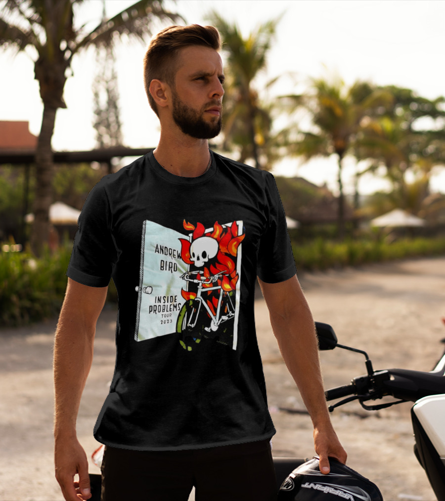 Andrew Bird Inside Problems Tour 2023 Flaming Skeleton On Bicycle T-Shirt