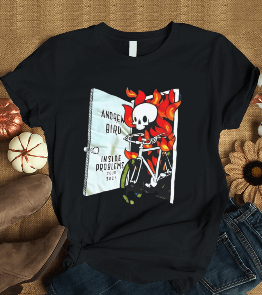 Andrew Bird Inside Problems Tour 2023 Flaming Skeleton On Bicycle T-Shirt
