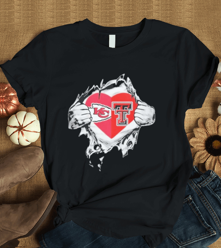 Chiefs Texas Tech Red Raiders Heart Emblem Torn Reveal T-Shirt