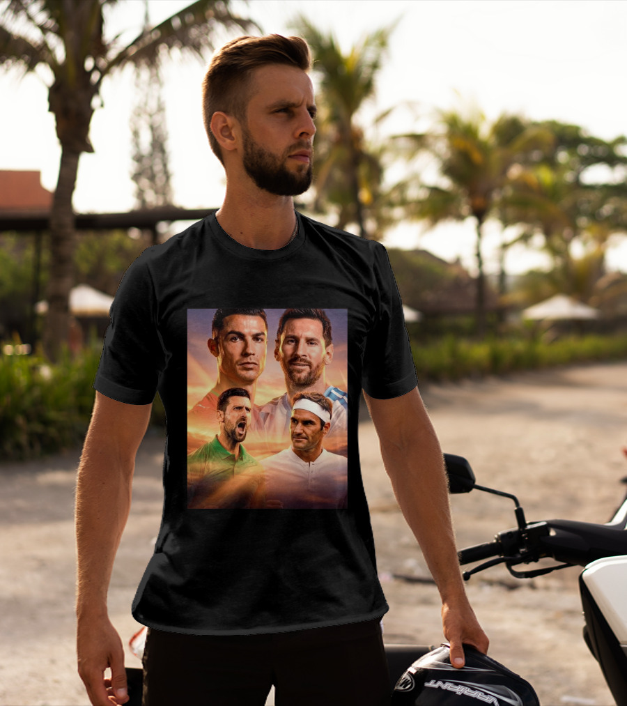Cristiano Ronaldo Lionel Messi Novak Djokovic Roger Federer GOAT Sports Legends Celebrating Iconic Athletes T-Shirt