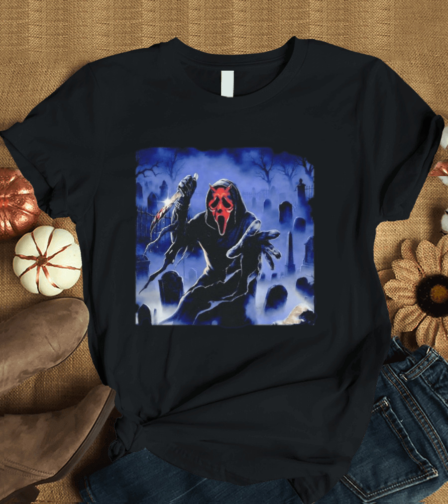 Ghostface Scream Devil Mask With Knife In Cemetery T-Shirt