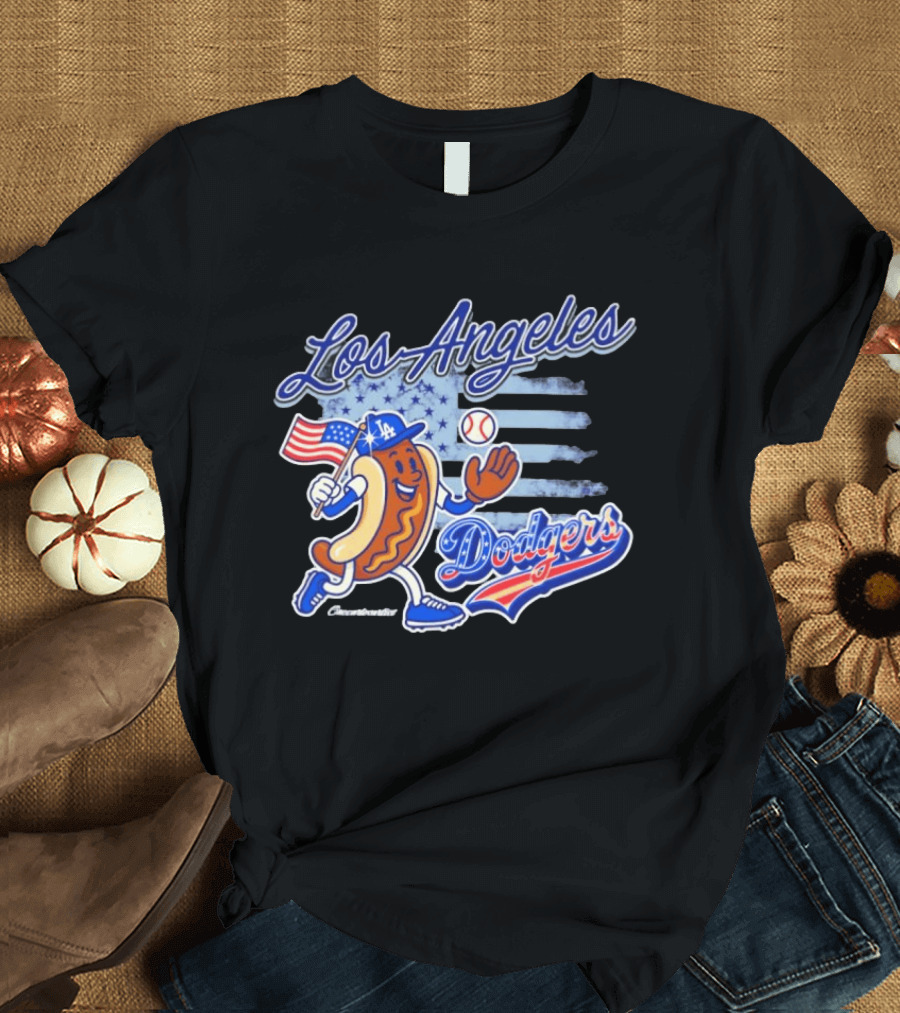 Los Angeles Dodgers Hot Dog Baseball American Flag Stars T-Shirt
