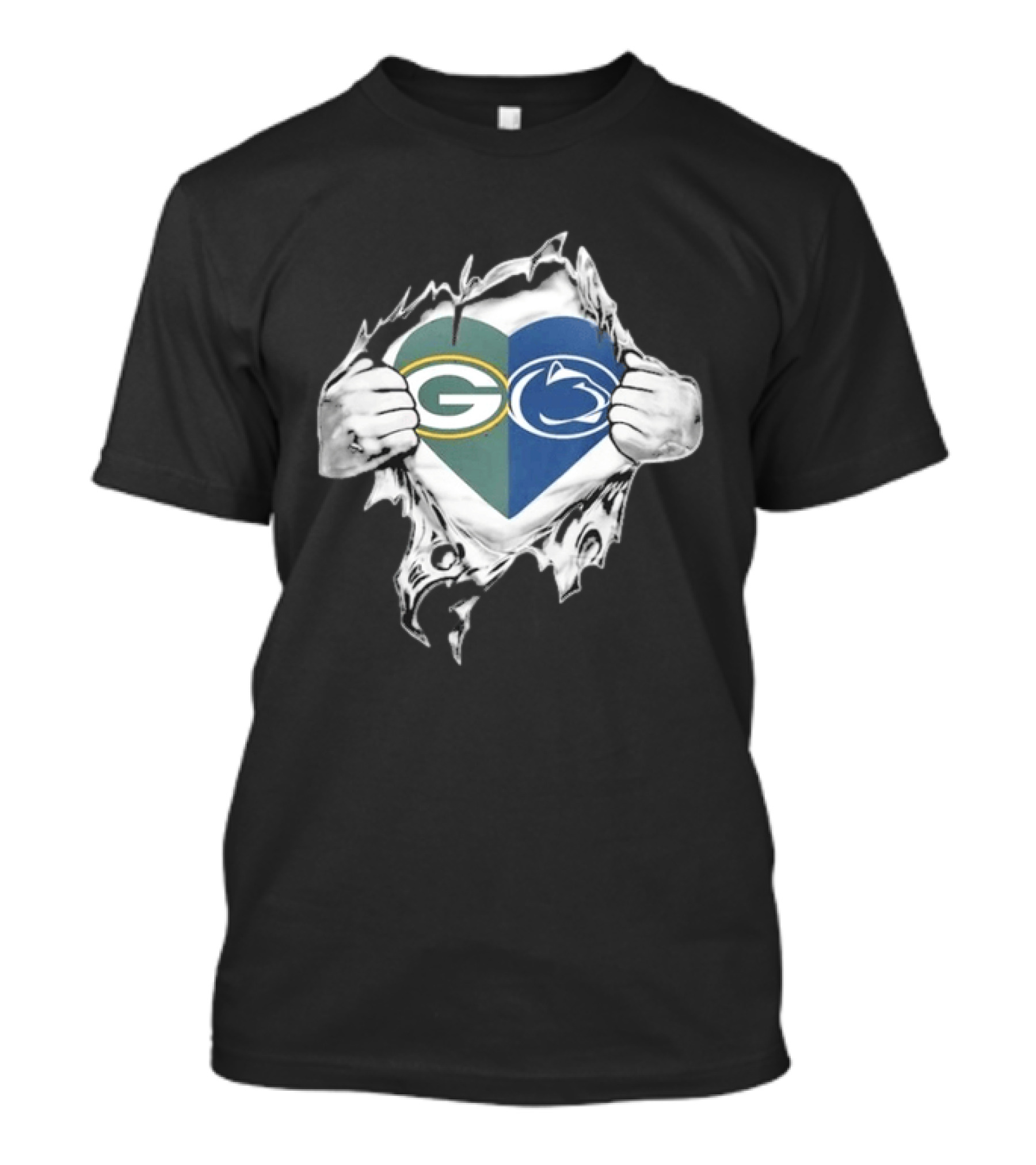 Packers Penn State Heart Icon Featuring Green Bay And Nittany Lions Logos T-Shirt