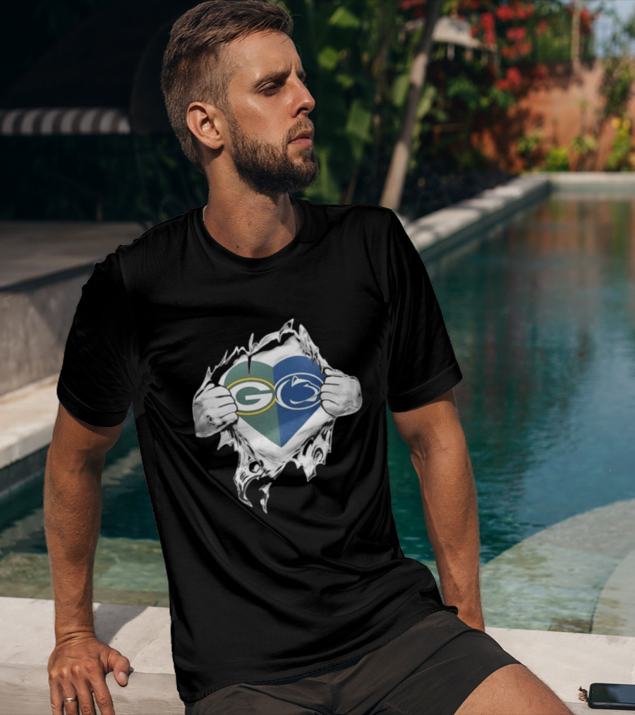 Packers Penn State Heart Icon Featuring Green Bay And Nittany Lions Logos T-Shirt