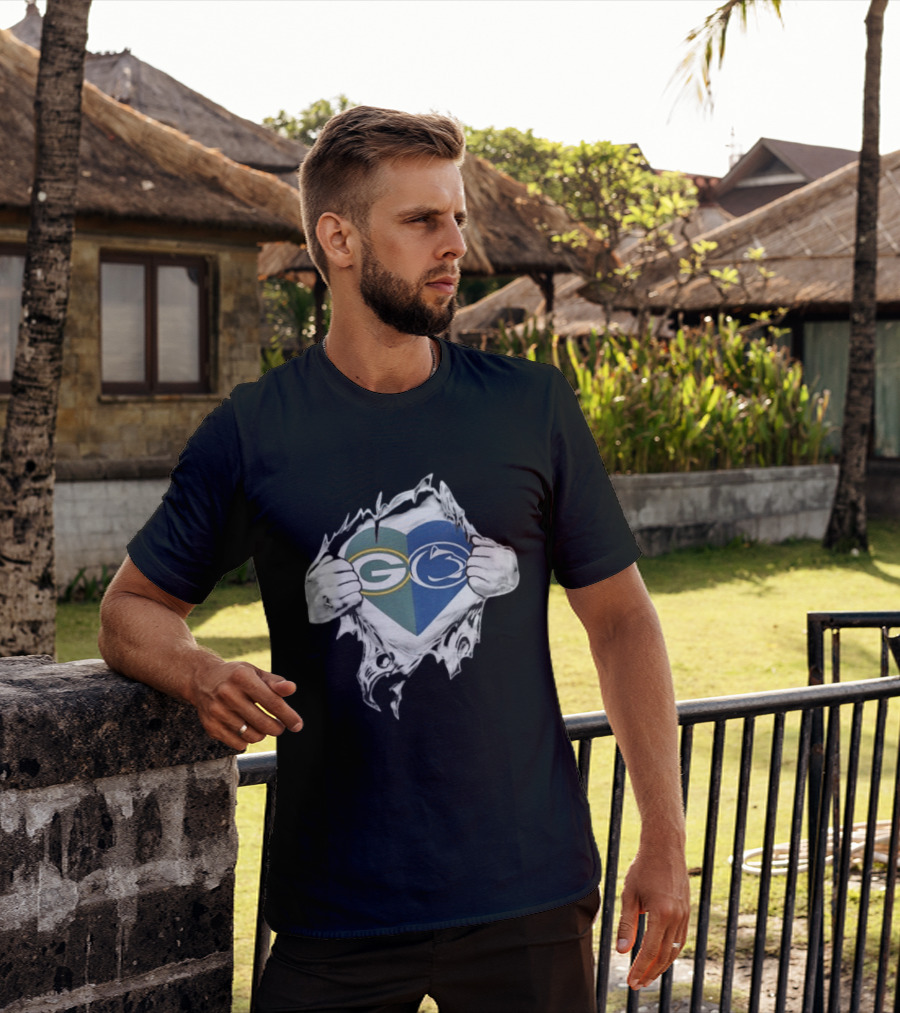 Packers Penn State Heart Icon Featuring Green Bay And Nittany Lions Logos T-Shirt